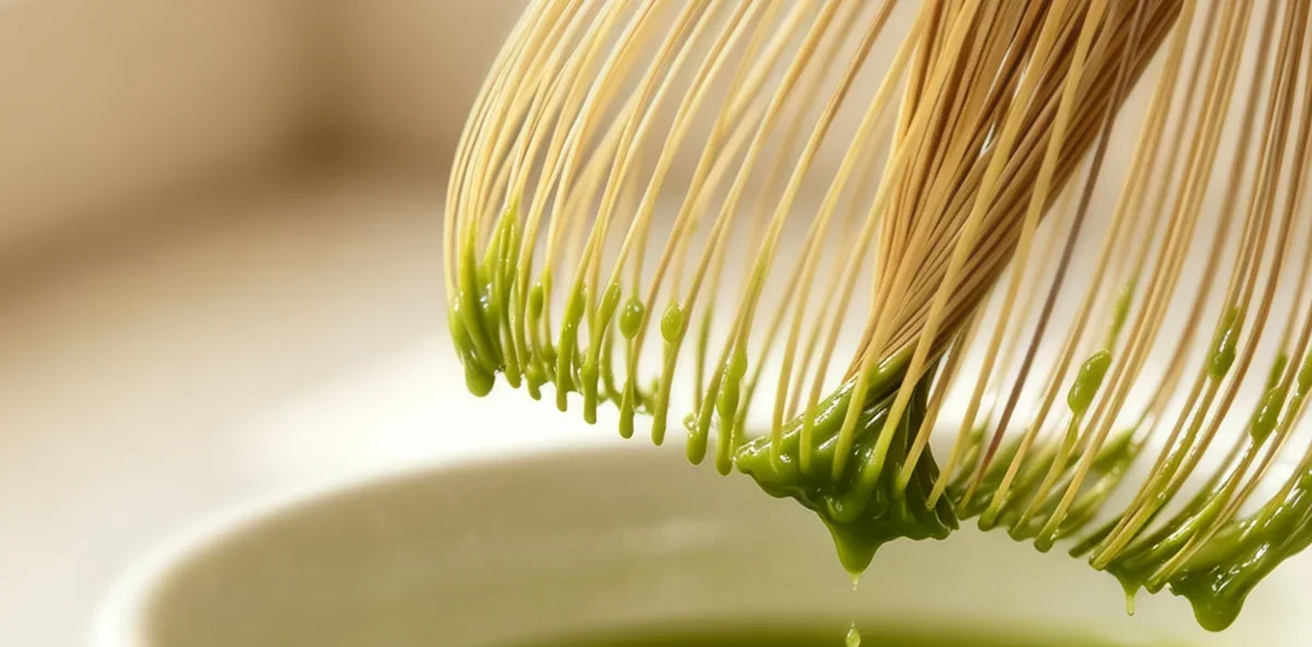 Fine bamboo tines lifting from a bowl of matcha