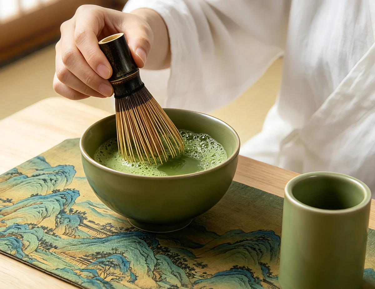 The ICHINEN dark bamboo whisk in a bowl of freshly prepared matcha