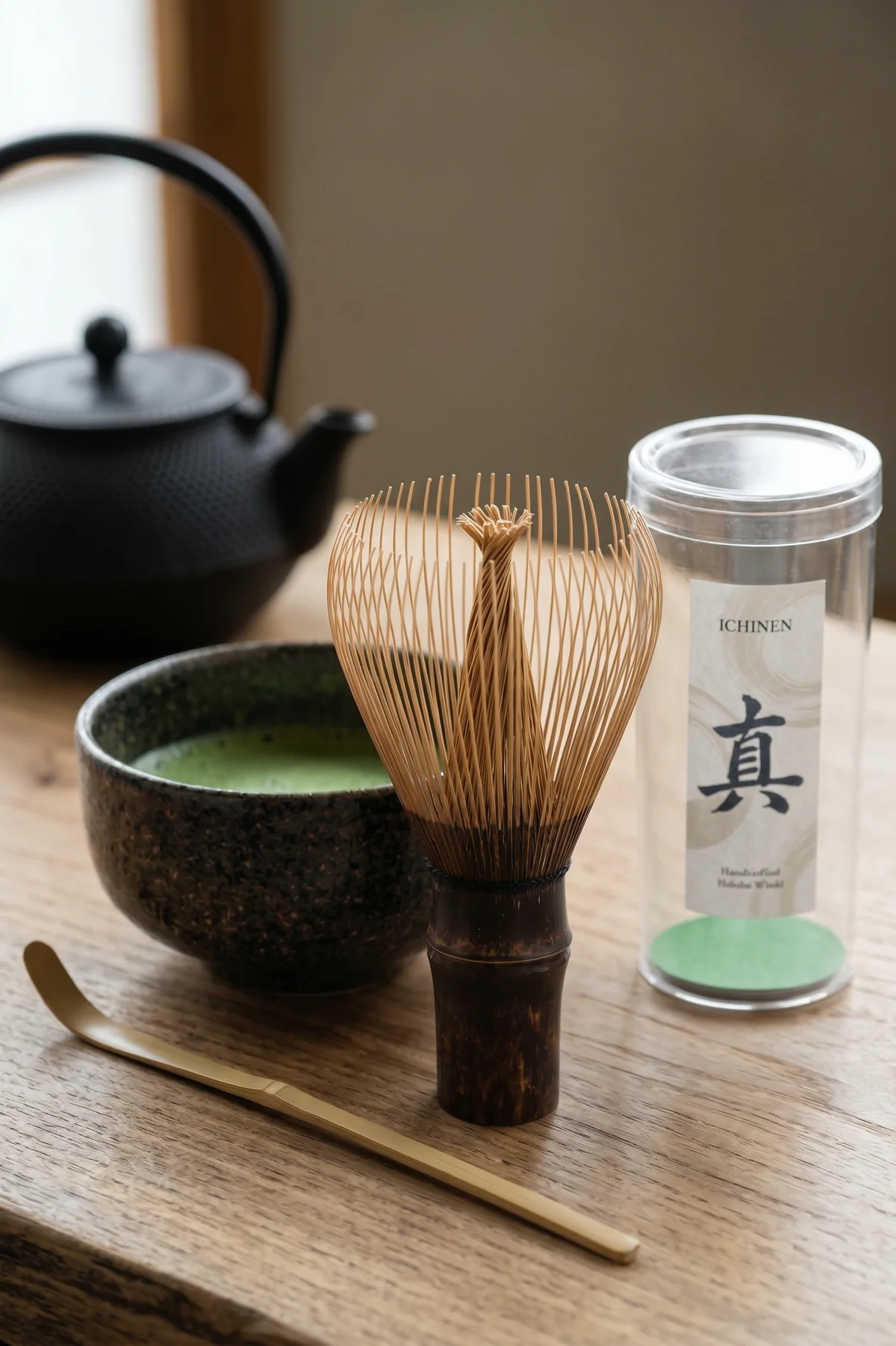 ICHINEN Shin Chasen beside its protective tube, a bowl of matcha, a bamboo scoop, and a teapot