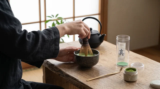 Hands using the ICHINEN bamboo whisk to prepare matcha in a dark ceramic bowl